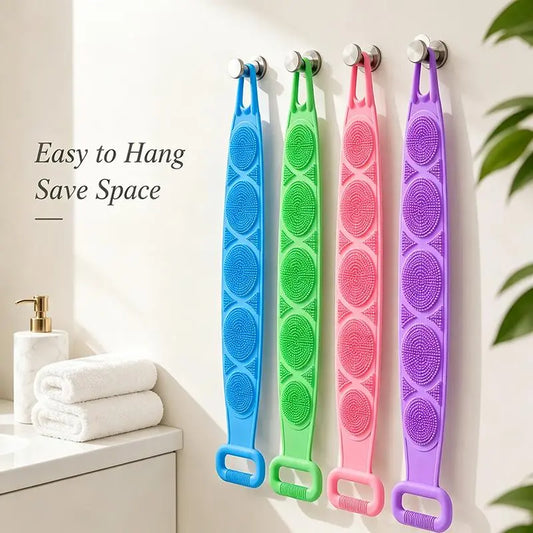 Double-Sided Silicone Exfoliating Tool for Shower Bath, Unisex Flexible Strap Back Scrubber, Soft Smooth Deep Skin Cleaning Brush, Bathroom Home Supplies Accessory for All Skin Types
